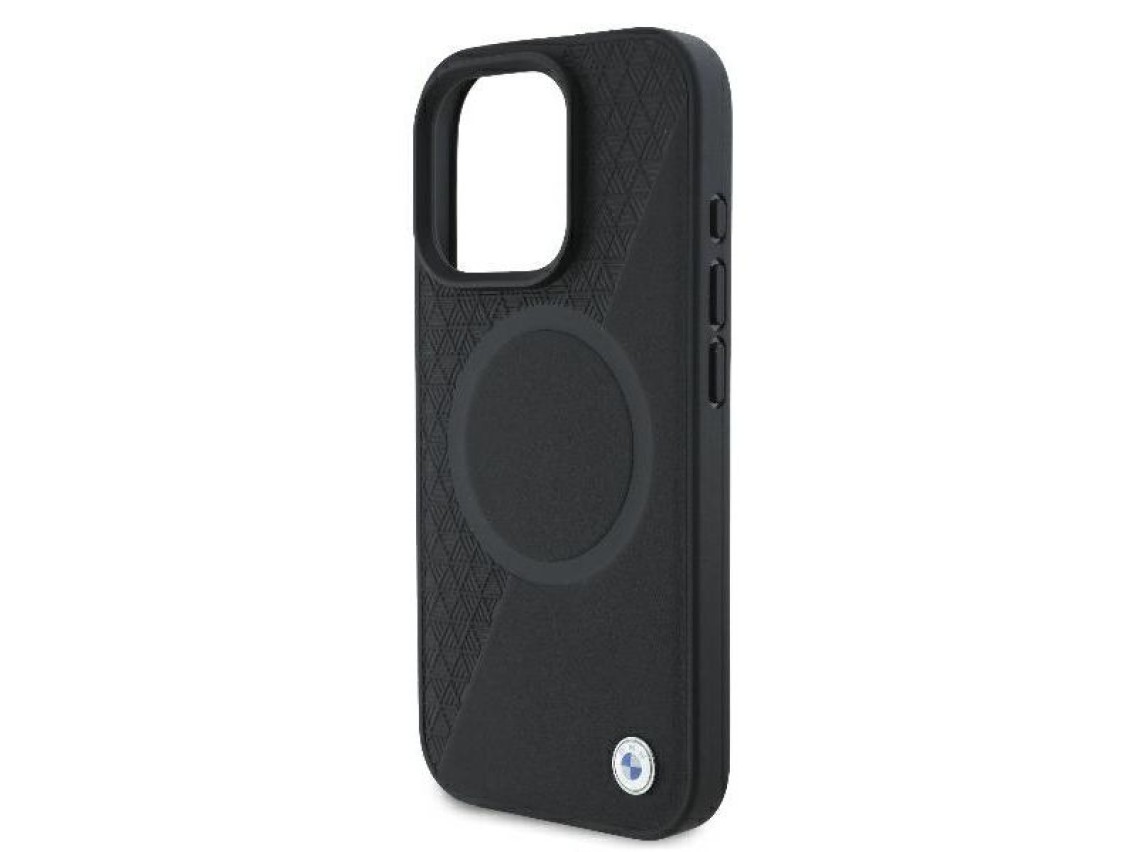 Funda BMW Signature de cuero con textura parcial y diseño circular MagSafe para iPhone 16 Pro - negr