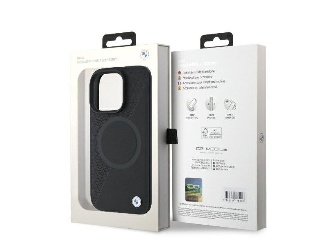 Funda BMW Signature de cuero con textura parcial y diseño circular MagSafe para iPhone 16 Pro - negr