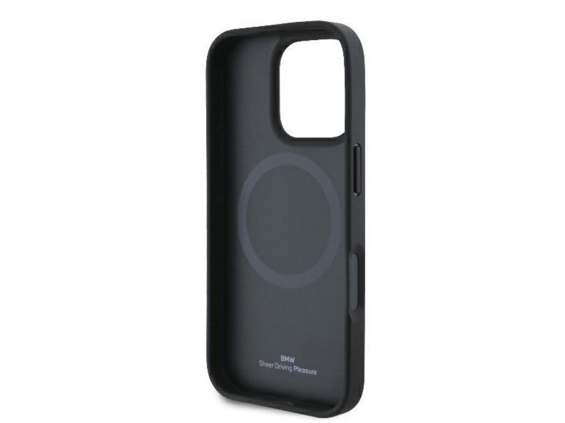 Funda BMW Signature de cuero con textura parcial y diseño circular MagSafe para iPhone 16 Pro - negr
