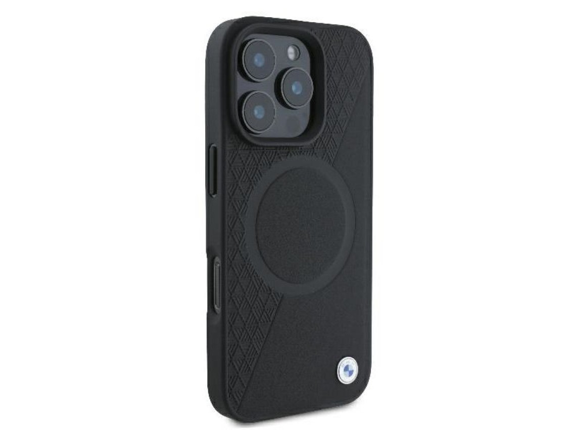 Funda BMW Signature de cuero con textura parcial y diseño circular MagSafe para iPhone 16 Pro - negr