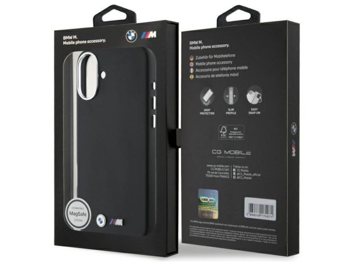 Funda BMW M Smooth Full Wrapped Metal MagSafe para iPhone 16 Plus - Negra