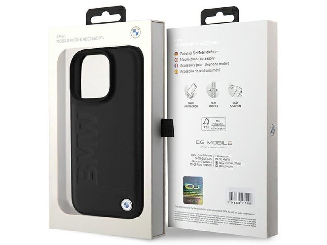 Capa para iPhone 16 Pro em couro com gravação a quente da BMW - Preta