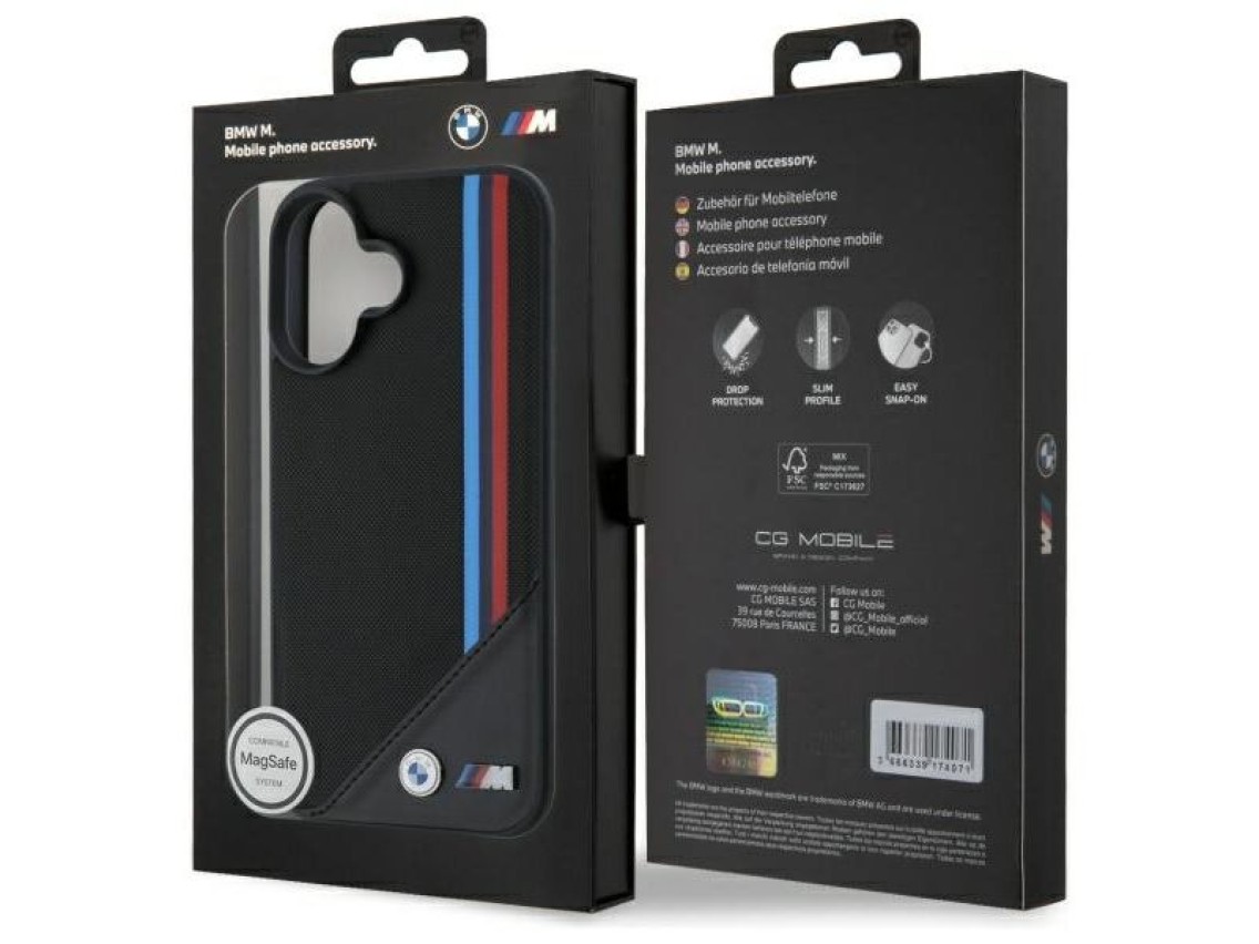 Funda BMW M con dise�o de rayas tricolores y malla para iPhone 16 - negra