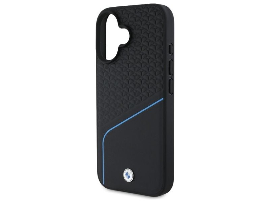Capa para iPhone 16 com MagSafe, textura em couro e logo da BMW - Preta