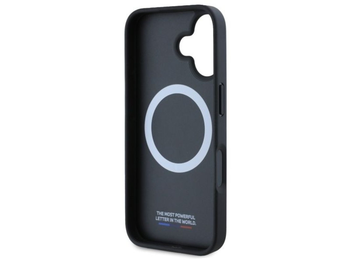 Funda BMW M con dise�o de rayas tricolores y malla para iPhone 16 - negra