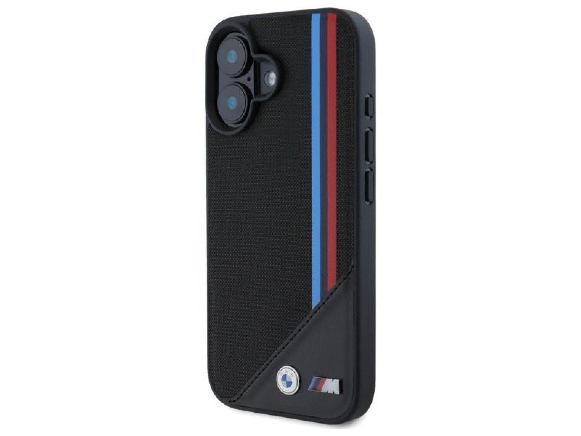 Funda BMW M con diseño de rayas tricolores y malla para iPhone 16 - negra