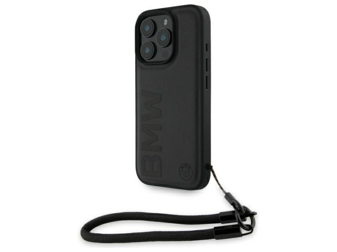 BMW Signature Leather Wordmark Cord Case for iPhone 16 Pro - Black