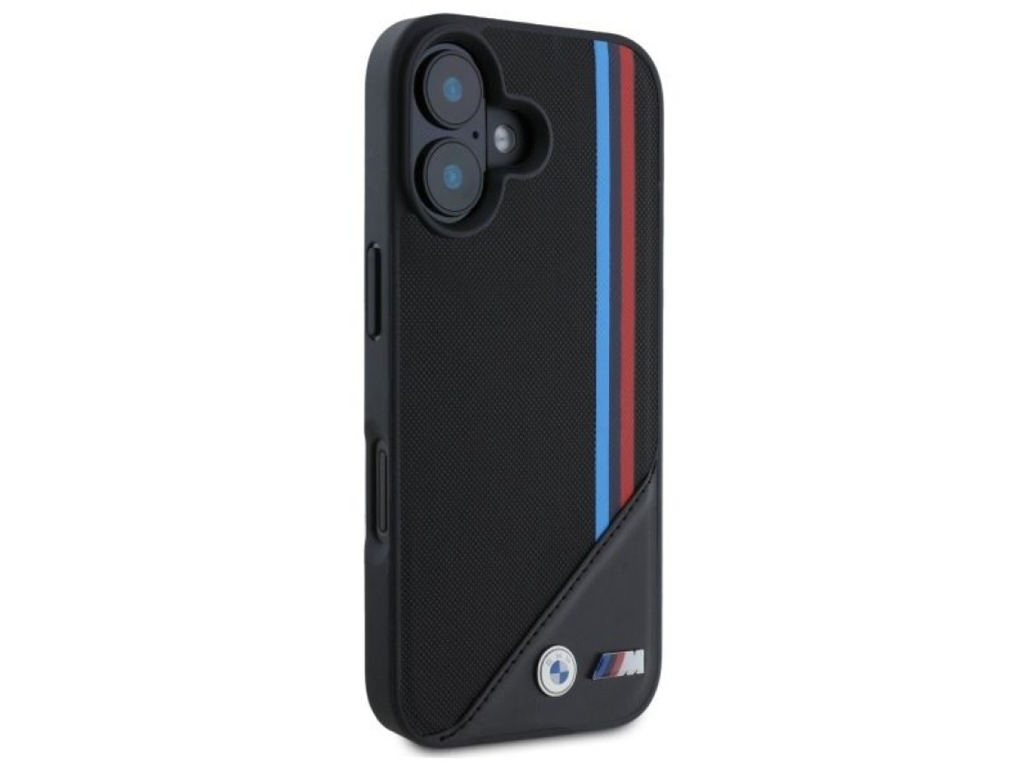 Funda BMW M con dise�o de rayas tricolores y malla para iPhone 16 - negra