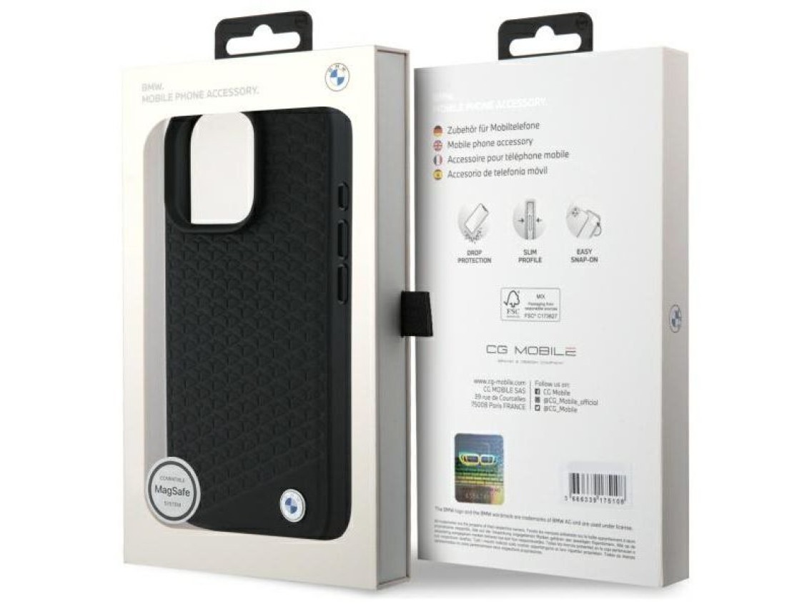 Capa MagSafe para iPhone 16 Pro em couro com logotipo BMW em metal cravejado de diamantes - Preta