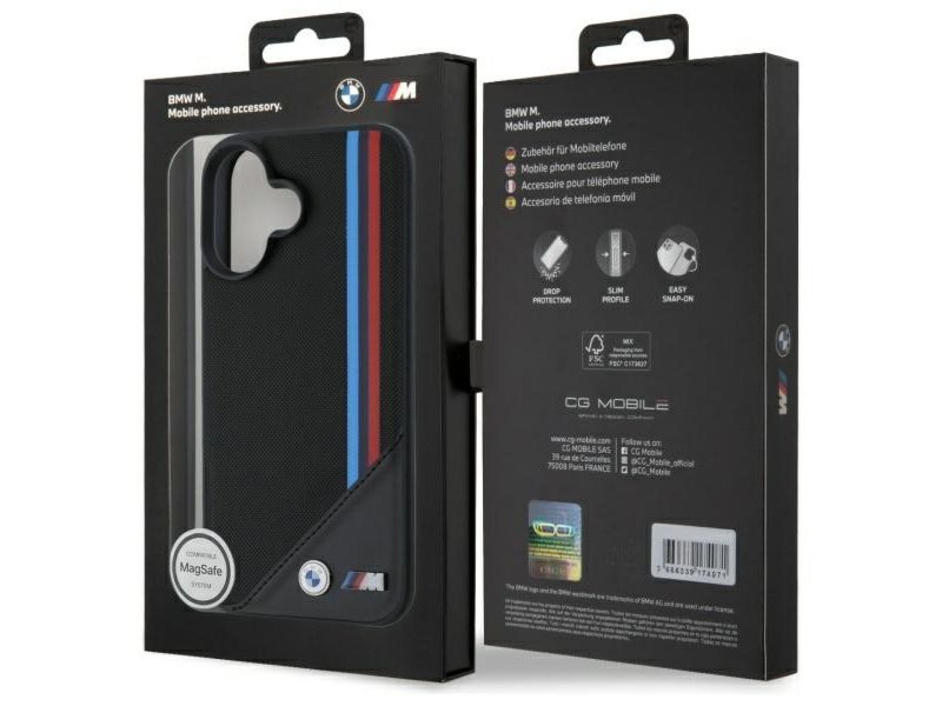 Funda BMW M con diseño de rayas tricolores y malla para iPhone 16 - negra