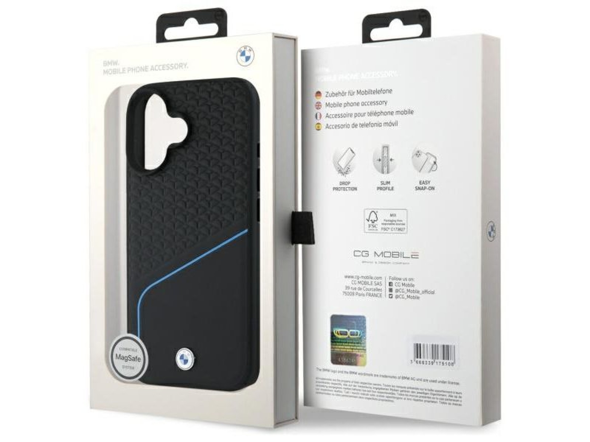 Capa para iPhone 16 com MagSafe, textura em couro e logo da BMW - Preta
