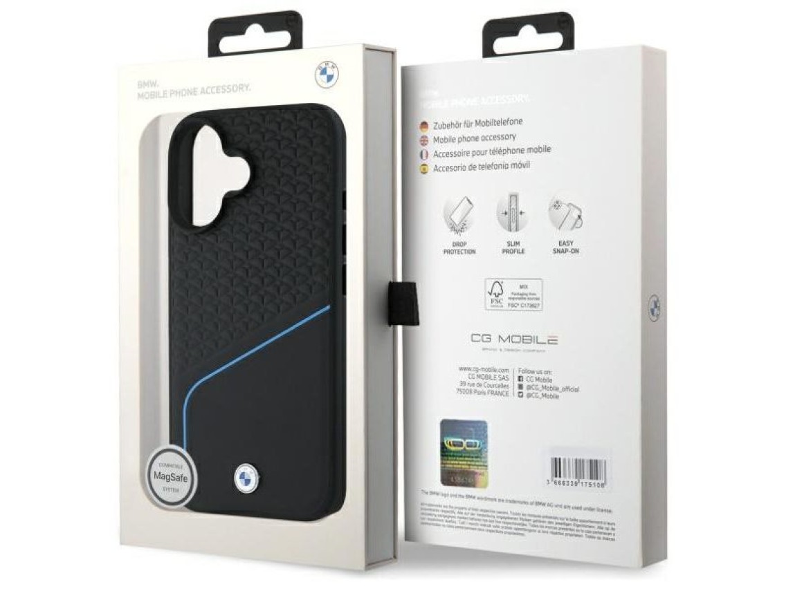 Capa para iPhone 16 com MagSafe, textura em couro e logo da BMW - Preta