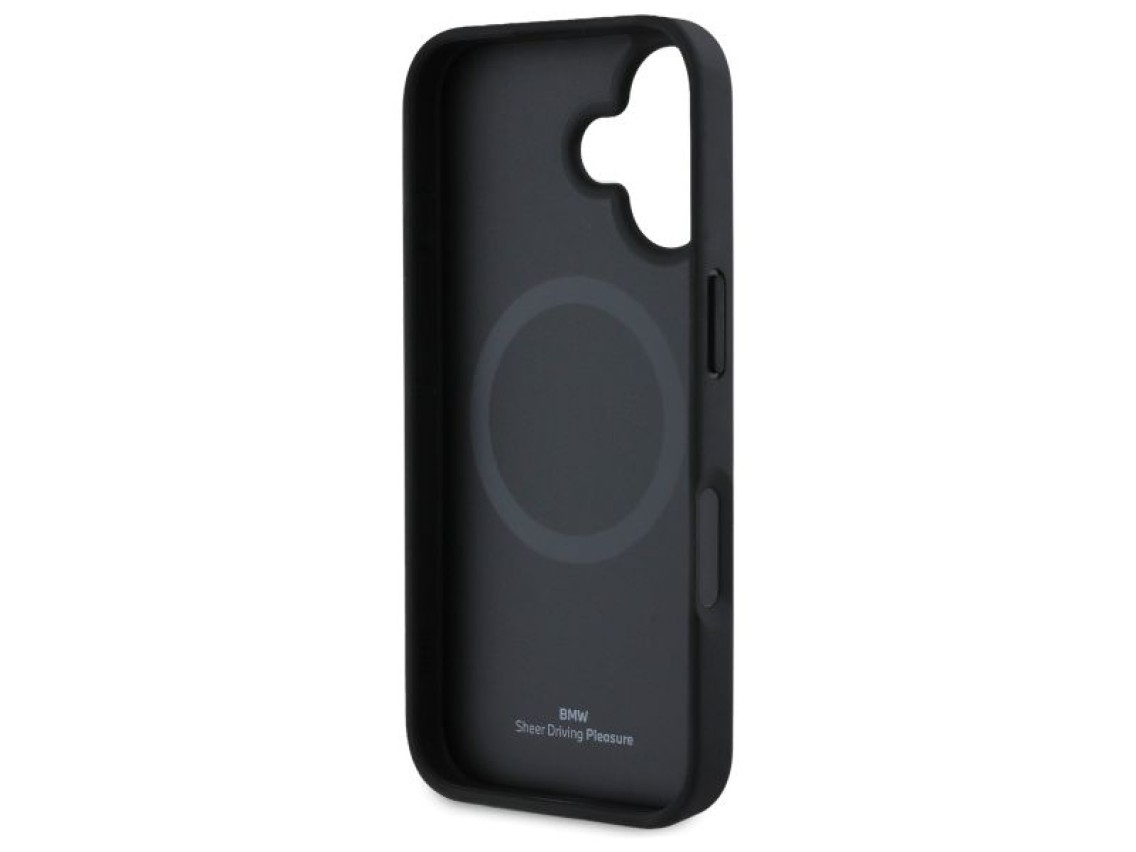 Capa para iPhone 16 com MagSafe, textura em couro e logo da BMW - Preta