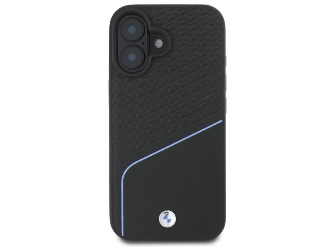 Capa para iPhone 16 com MagSafe, textura em couro e logo da BMW - Preta