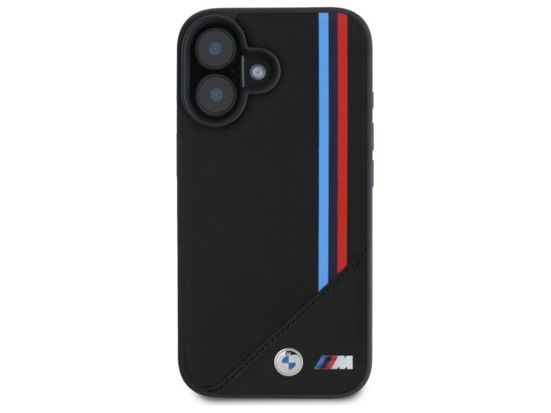 Funda BMW M con diseño de rayas tricolores y malla para iPhone 16 - negra