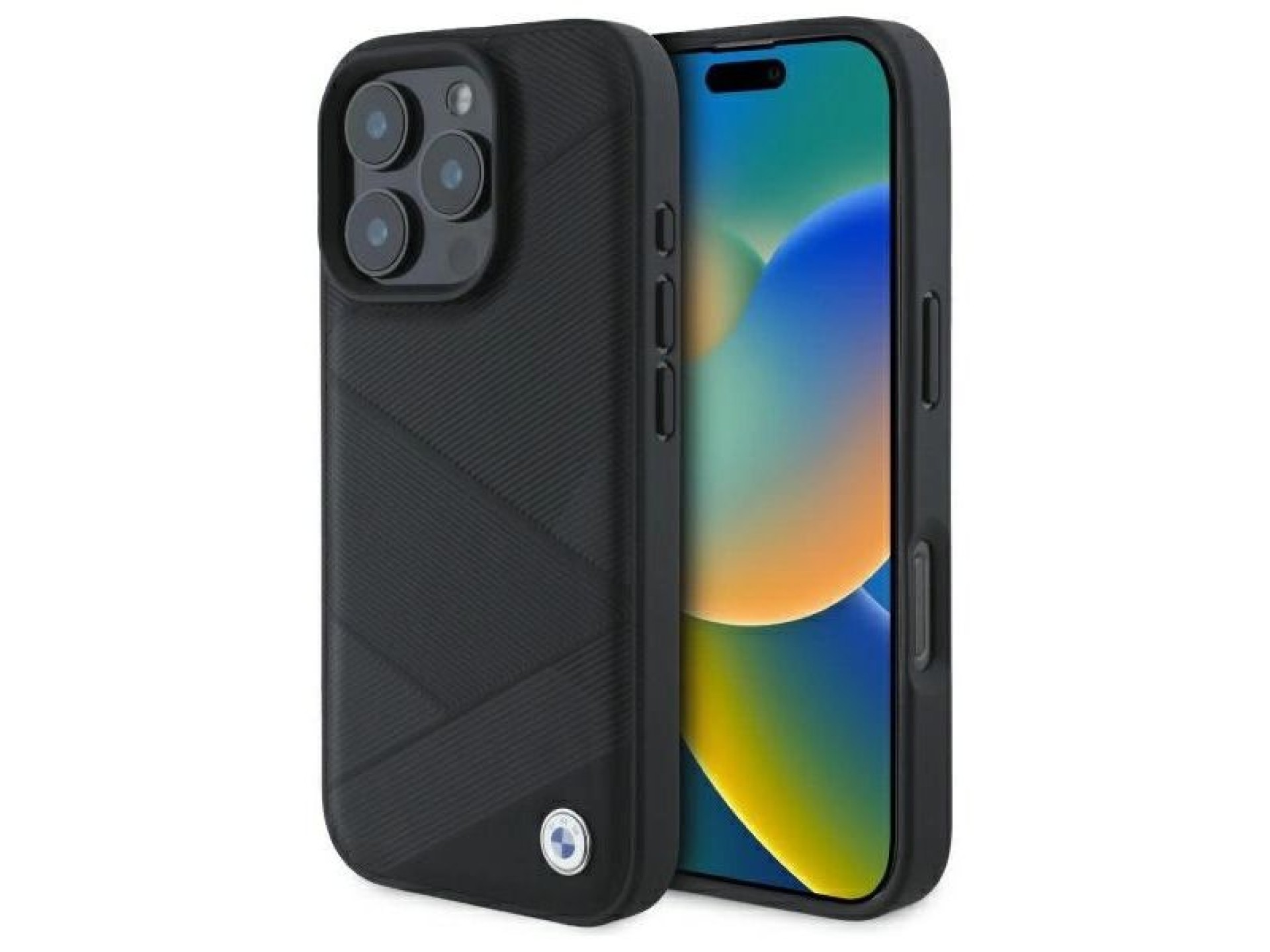 BMW Sign Leather Crossing Lines Pattern iPhone 16 Pro Max Case - Black