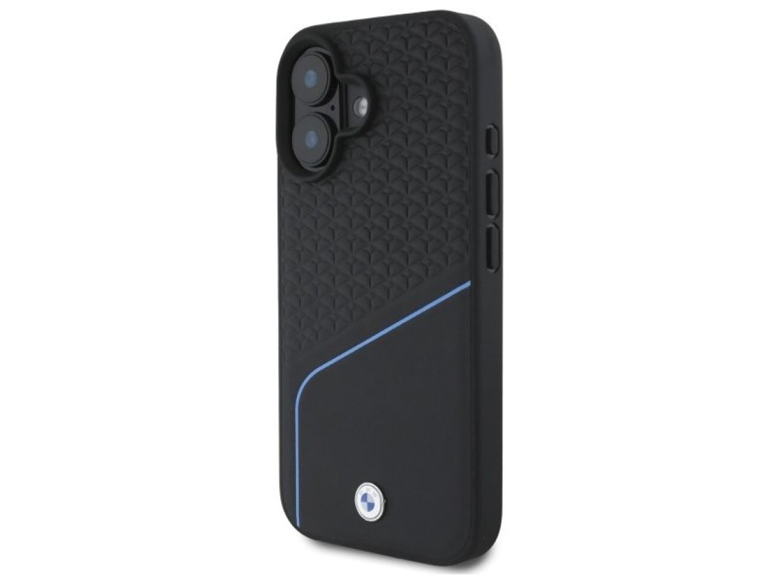 Capa para iPhone 16 com MagSafe, textura em couro e logo da BMW - Preta