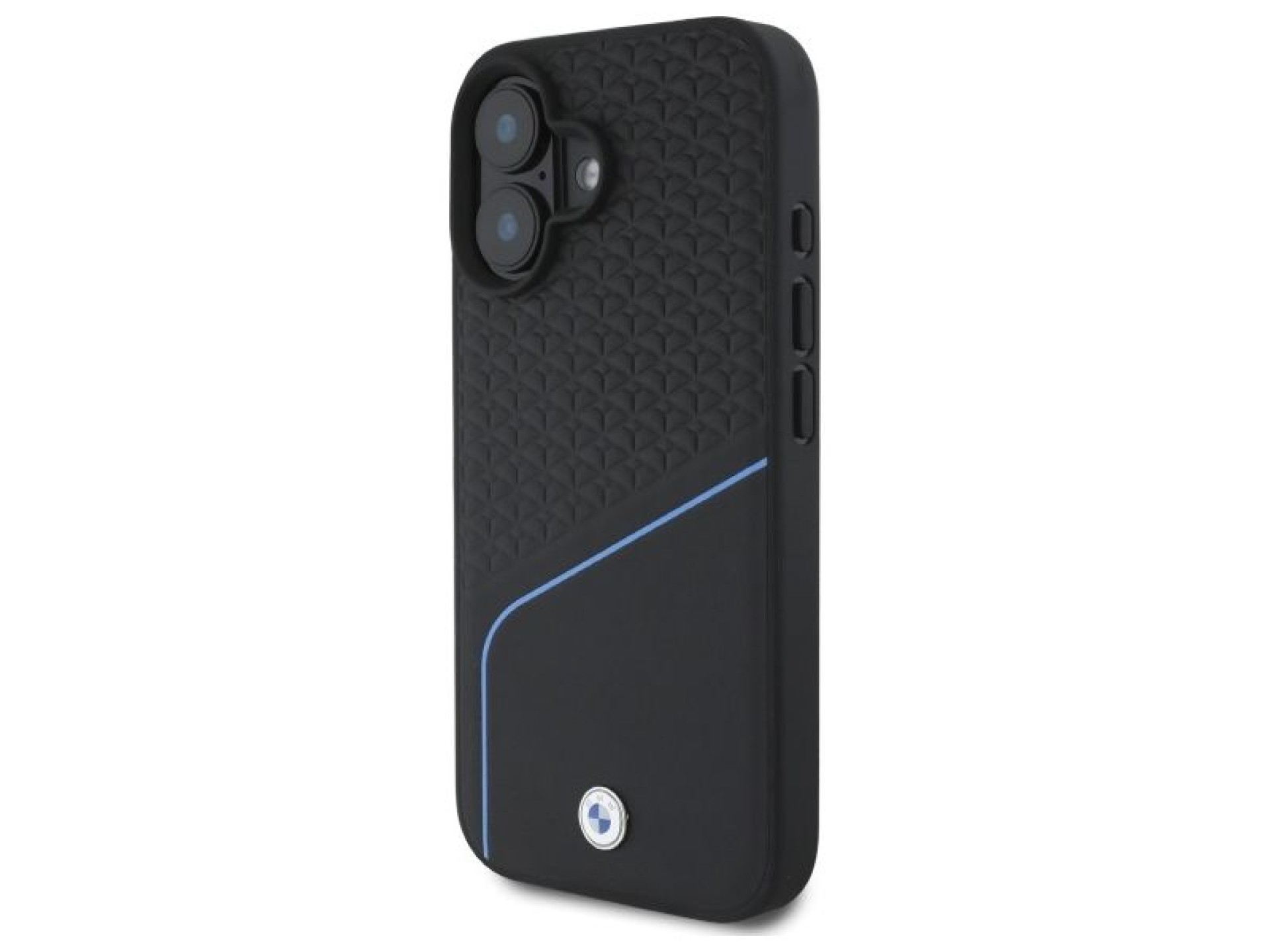 Capa para iPhone 16 com MagSafe, textura em couro e logo da BMW - Preta