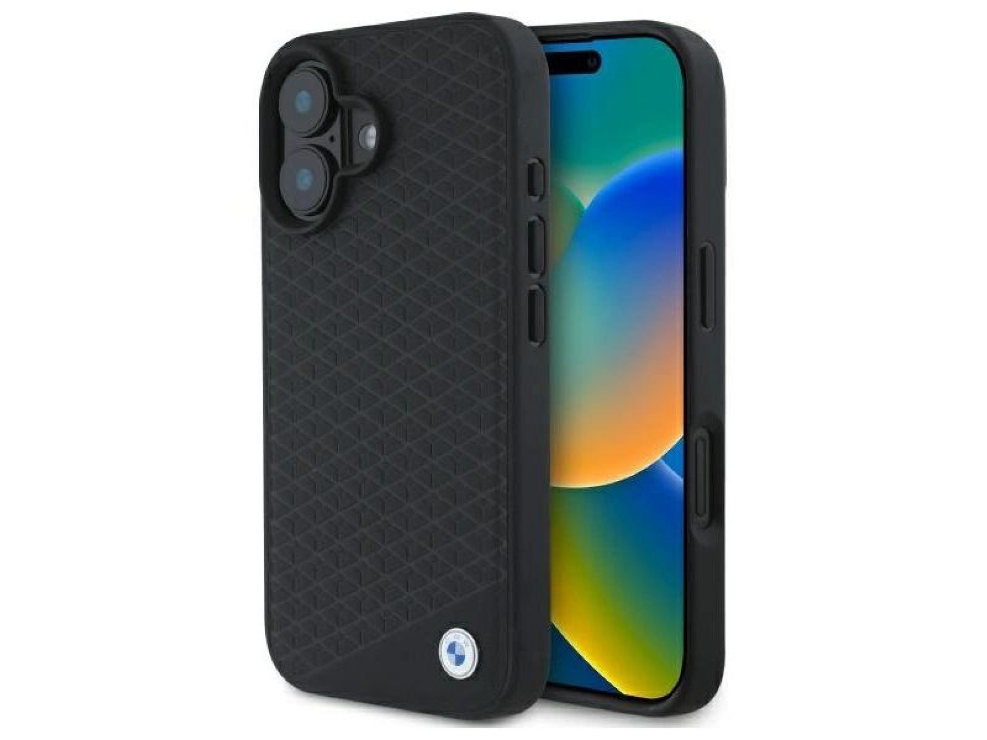 Capa MagSafe para iPhone 16 em couro com logotipo BMW em metal cravejado de diamantes - Preta