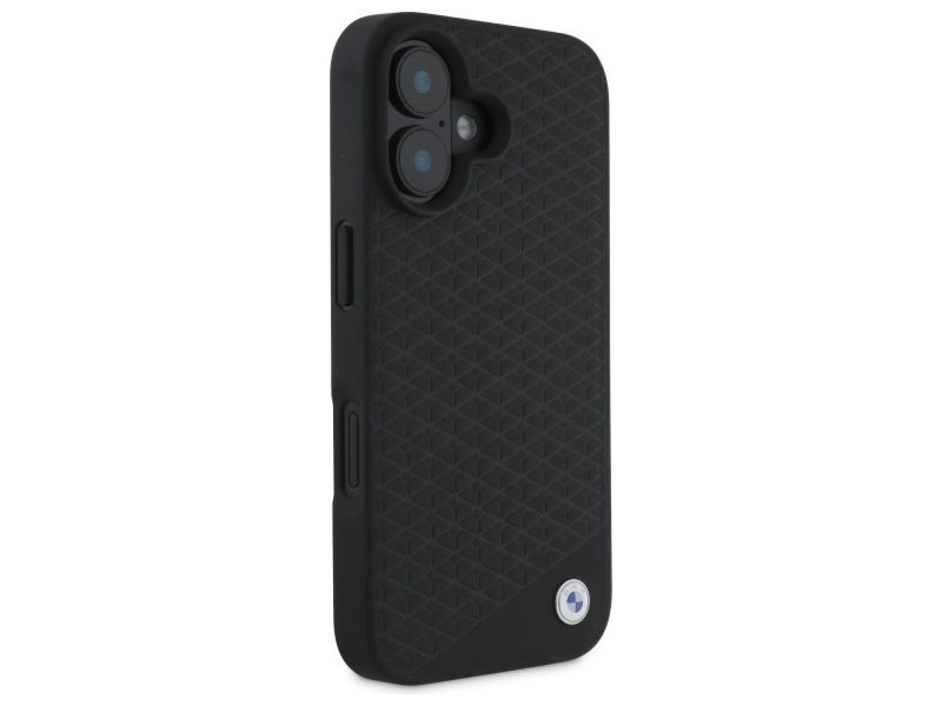 Capa MagSafe para iPhone 16 em couro com logotipo BMW em metal cravejado de diamantes - Preta
