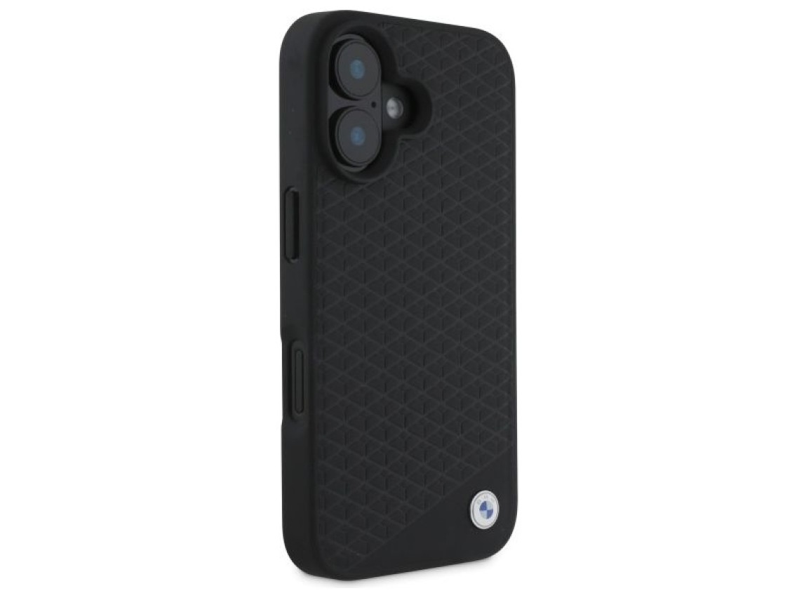 Capa MagSafe para iPhone 16 em couro com logotipo BMW em metal cravejado de diamantes - Preta