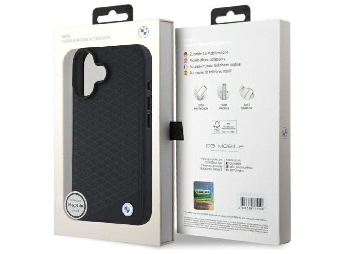 Capa MagSafe para iPhone 16 em couro com logotipo BMW em metal cravejado de diamantes - Preta