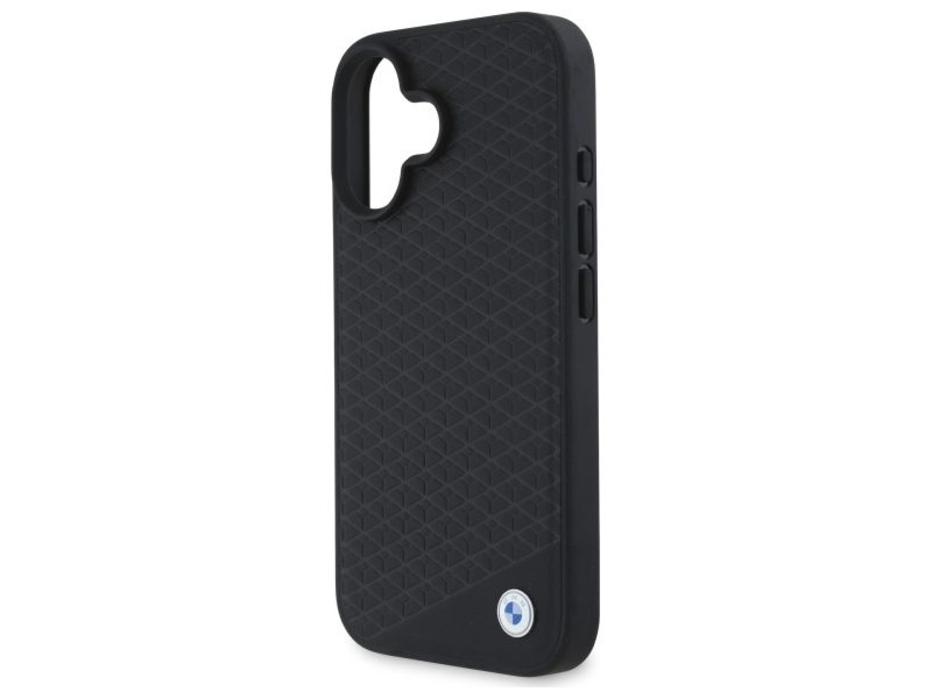 Capa MagSafe para iPhone 16 em couro com logotipo BMW em metal cravejado de diamantes - Preta