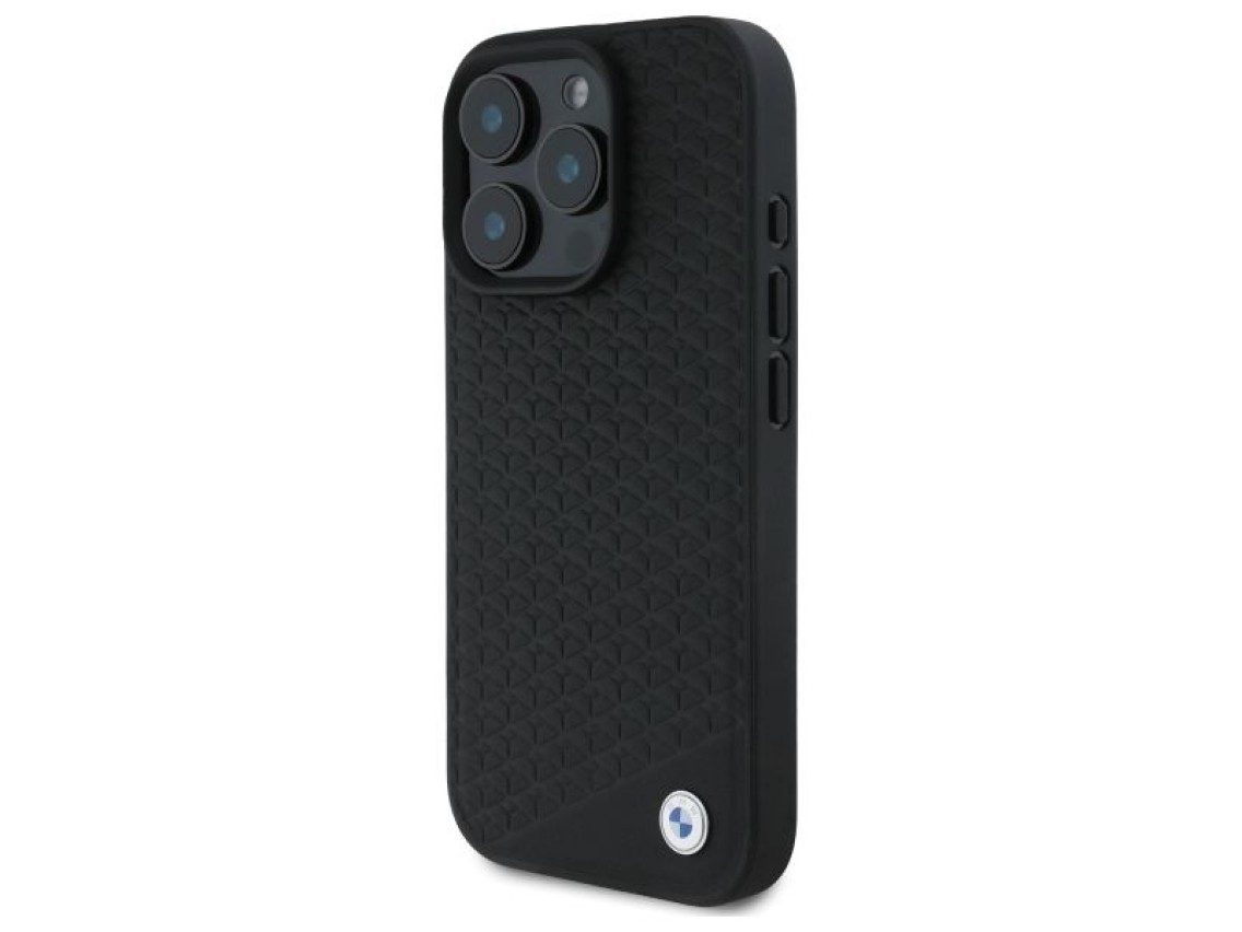 Capa MagSafe para iPhone 16 Pro em couro com logotipo BMW em metal cravejado de diamantes - Preta