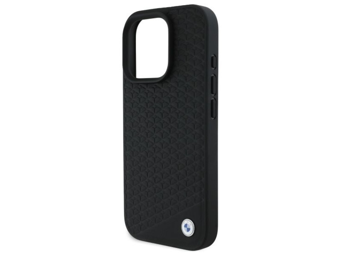 Capa MagSafe para iPhone 16 Pro em couro com logotipo BMW em metal cravejado de diamantes - Preta