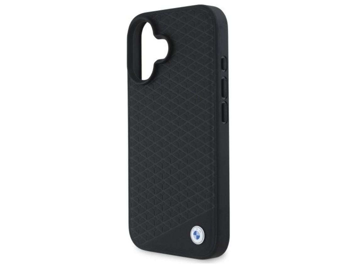 Capa MagSafe para iPhone 16 em couro com logotipo BMW em metal cravejado de diamantes - Preta