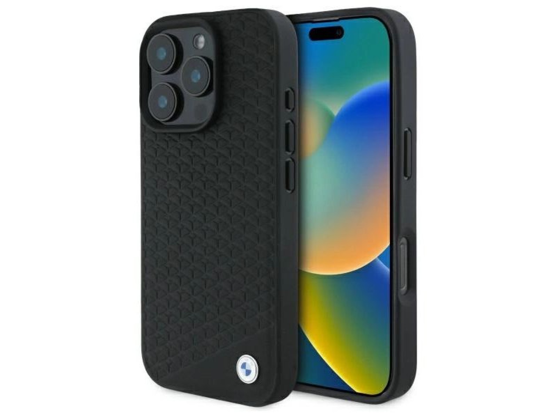 Capa MagSafe para iPhone 16 Pro em couro com logotipo BMW em metal cravejado de diamantes - Preta