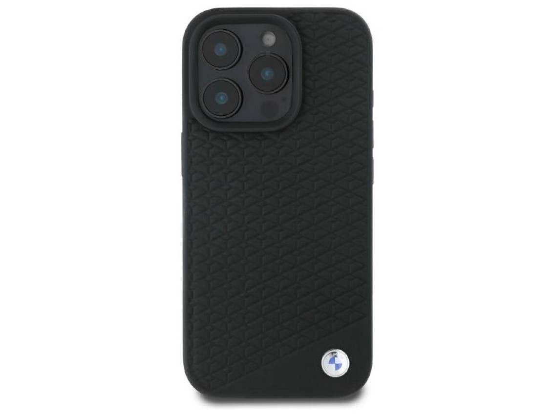 Capa MagSafe para iPhone 16 Pro em couro com logotipo BMW em metal cravejado de diamantes - Preta