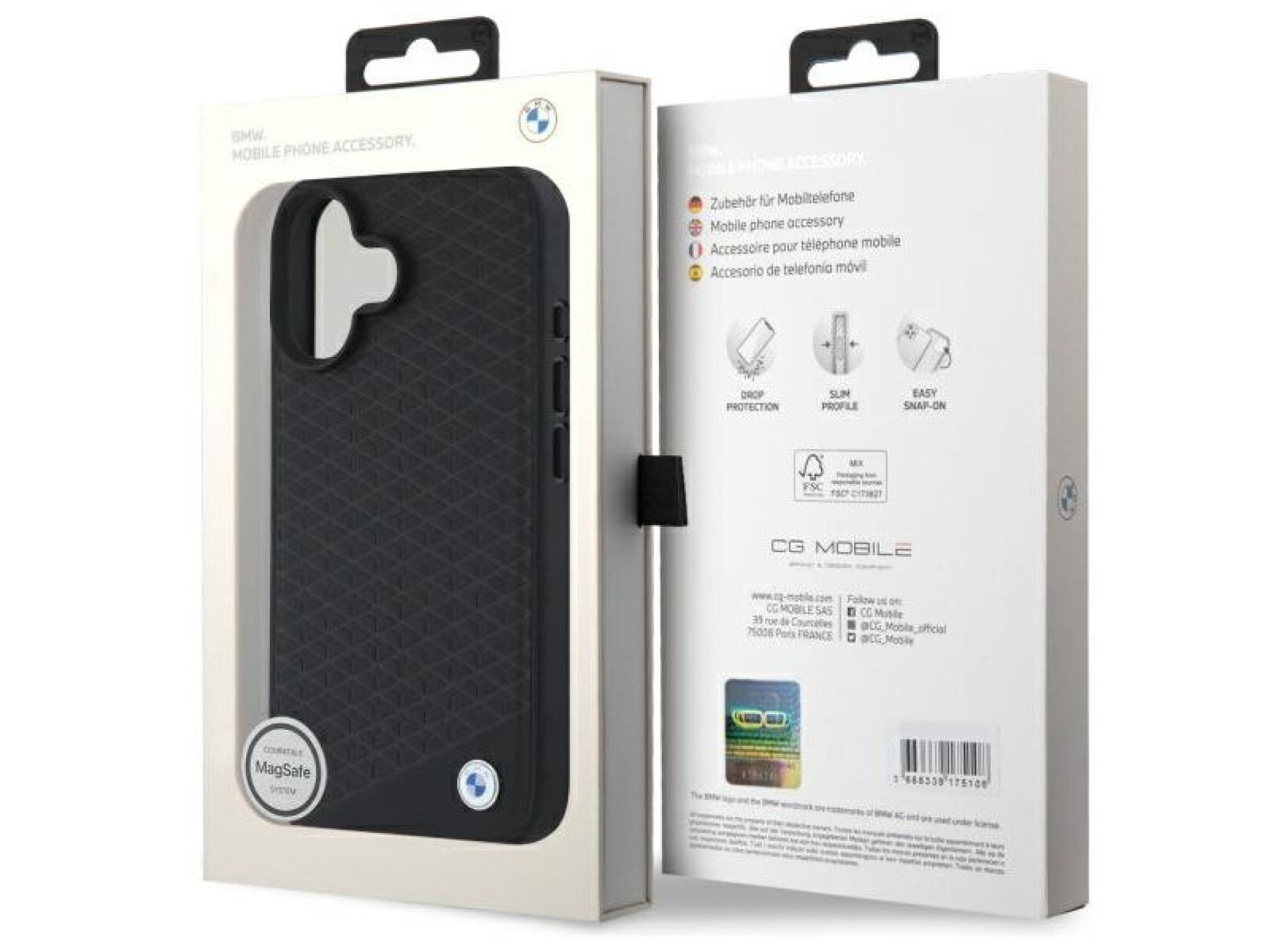 Capa MagSafe para iPhone 16 em couro com logotipo BMW em metal cravejado de diamantes - Preta
