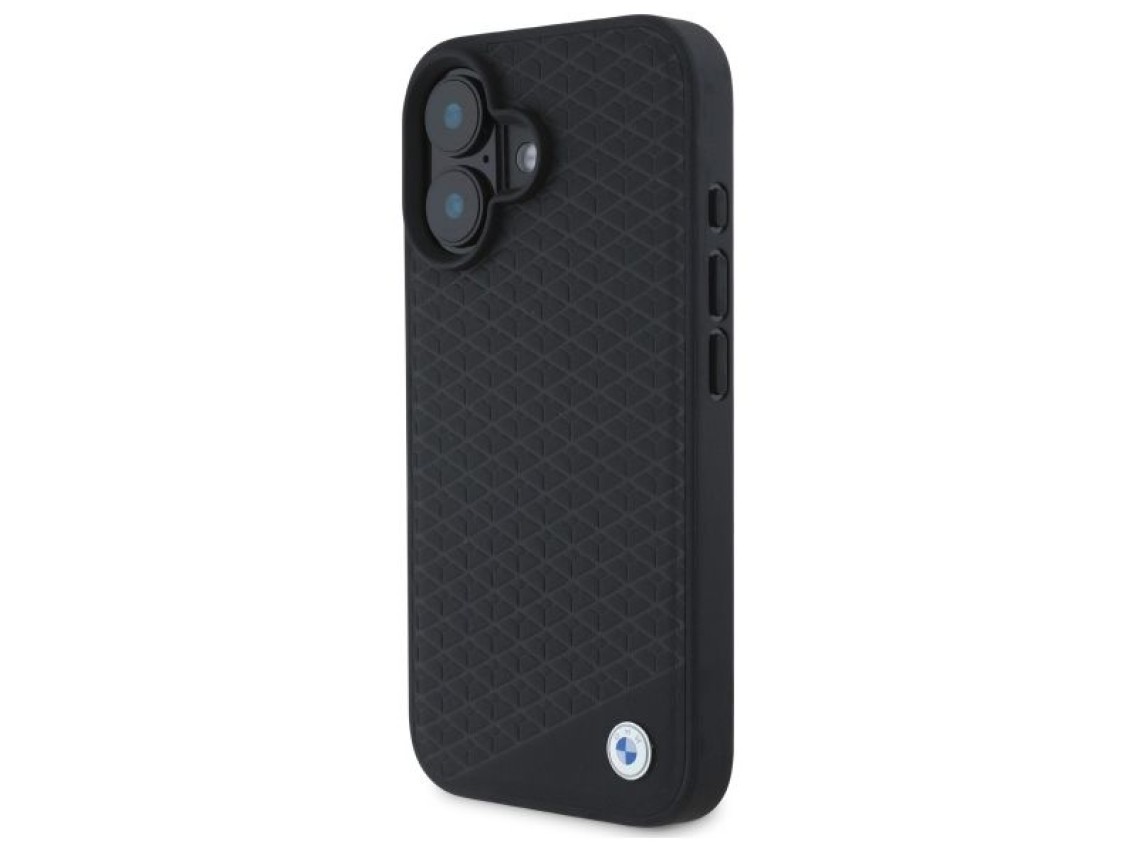 Capa MagSafe para iPhone 16 em couro com logotipo BMW em metal cravejado de diamantes - Preta