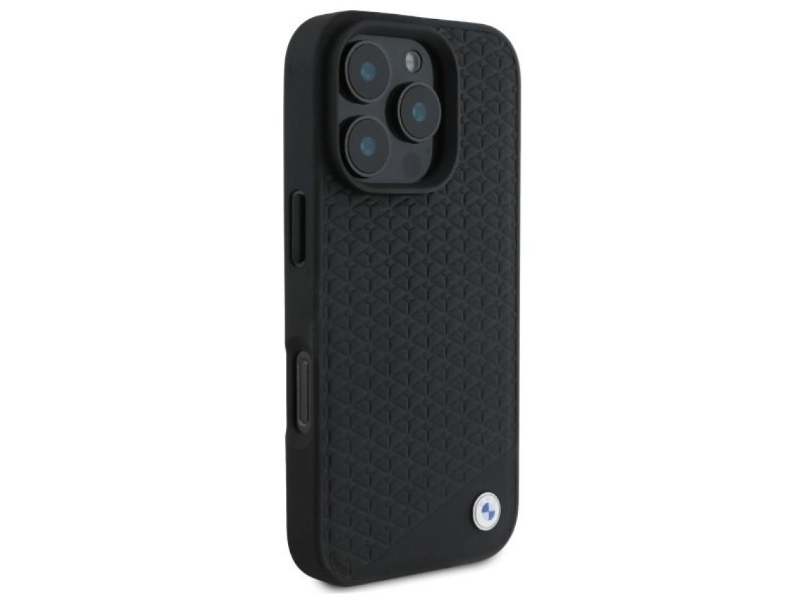 Capa MagSafe para iPhone 16 Pro em couro com logotipo BMW em metal cravejado de diamantes - Preta