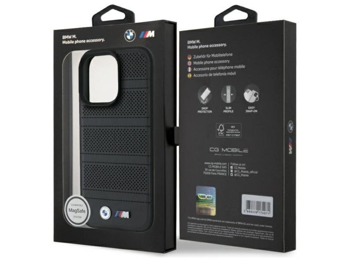 Funda BMW M con perforaciones y costuras para iPhone 16 Pro Max - negra