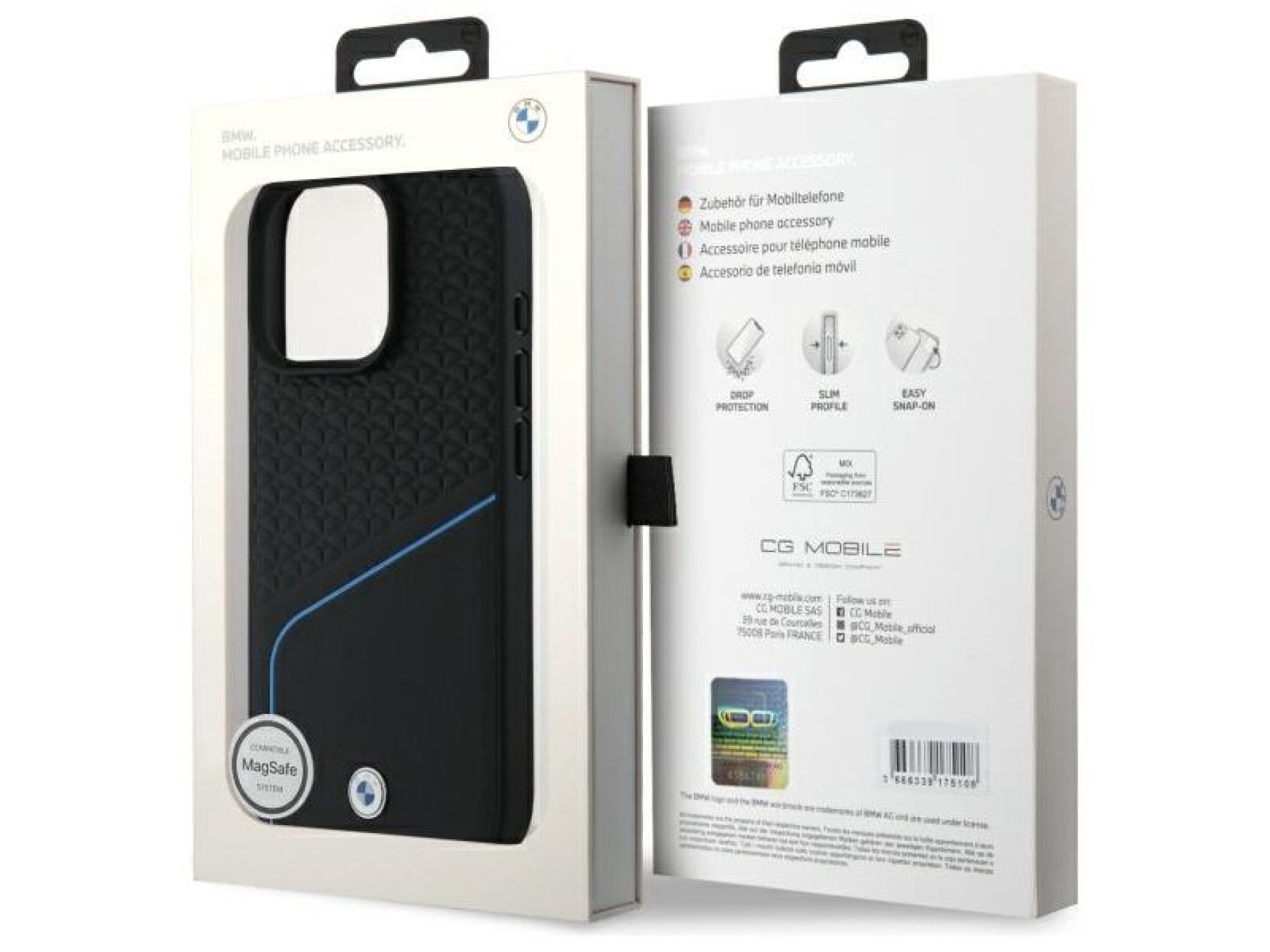 Funda MagSafe BMW con textura de cuero y líneas para iPhone 16 Pro Max - Negra