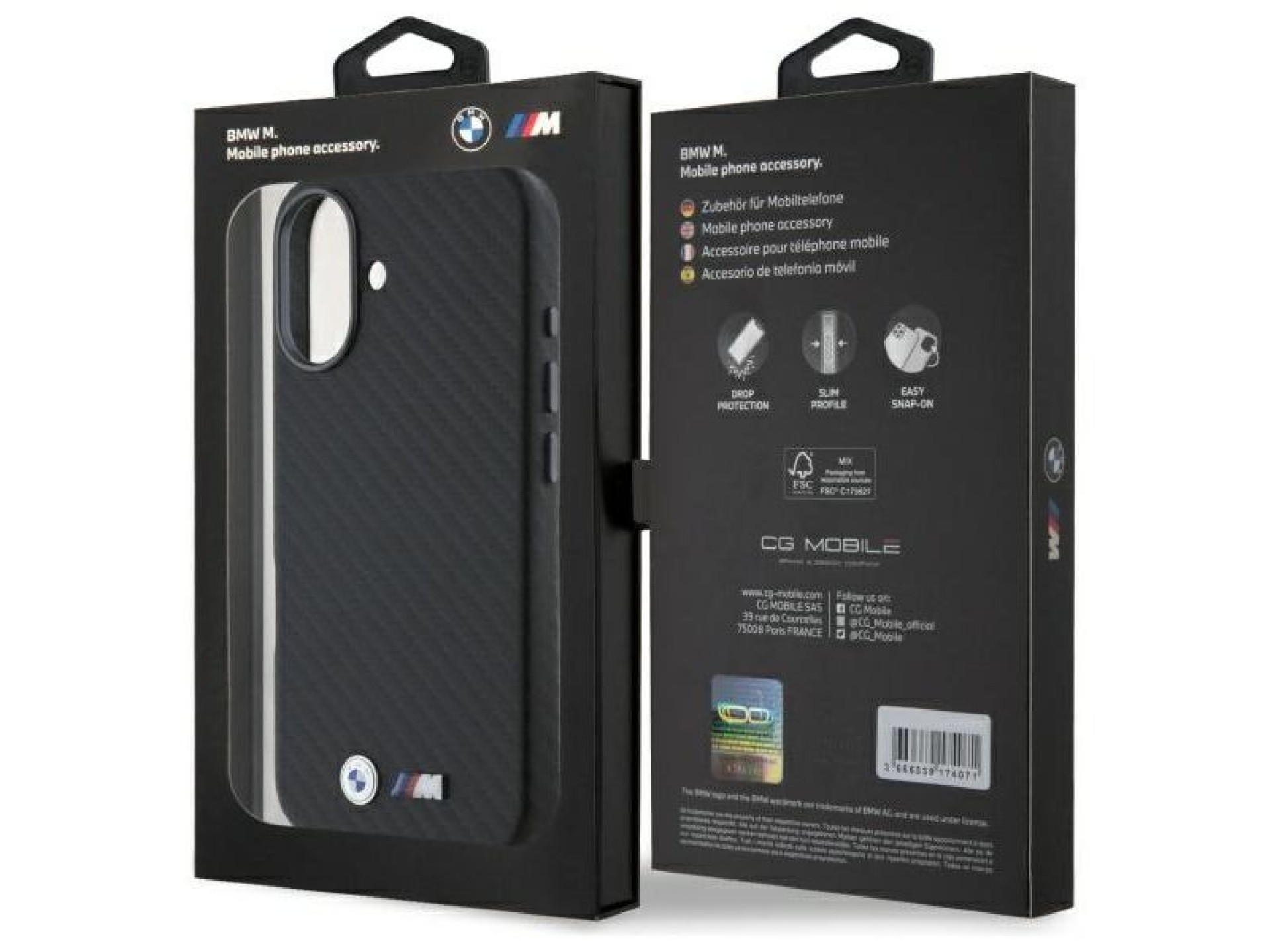 Capa para iPhone 16 em metal com acabamento em fibra de carbono da BMW - Preta