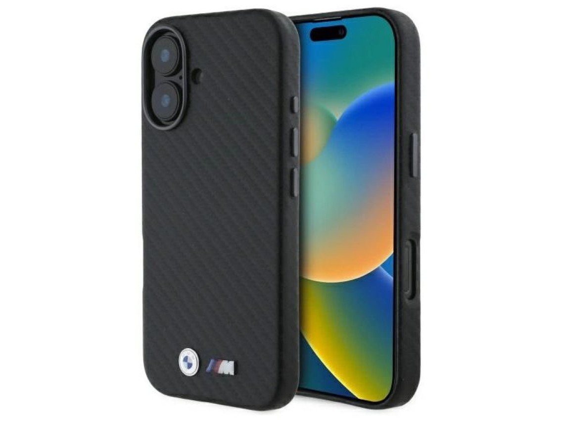 Capa para iPhone 16 em metal com acabamento em fibra de carbono da BMW - Preta