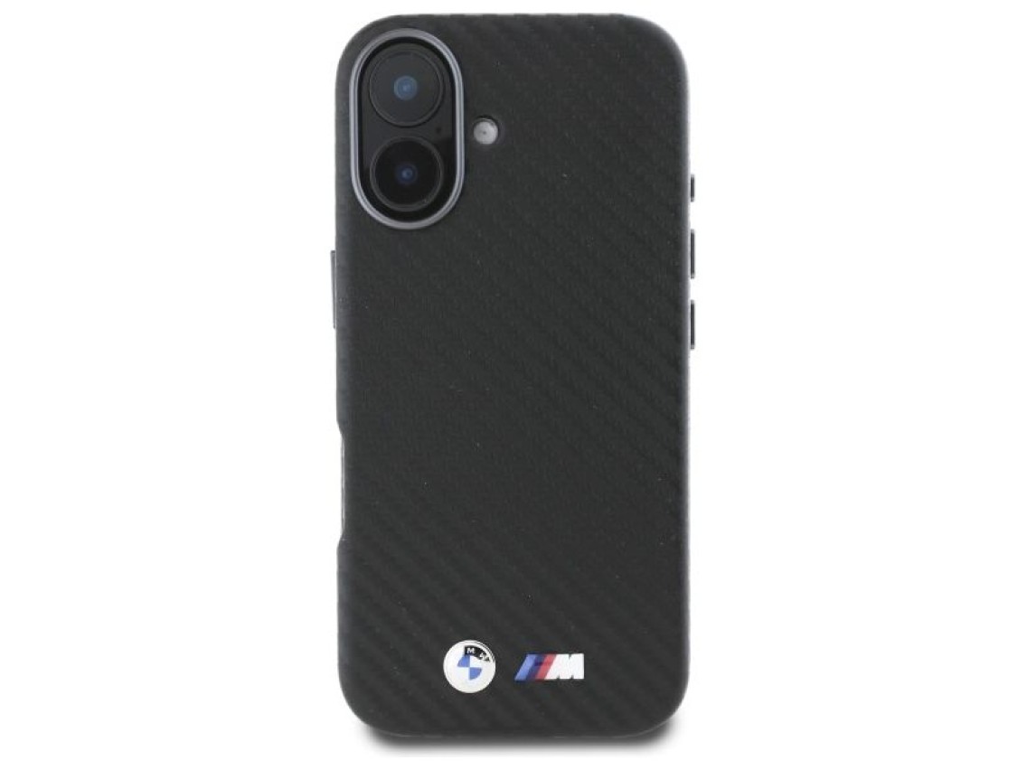 Capa para iPhone 16 em metal com acabamento em fibra de carbono da BMW - Preta