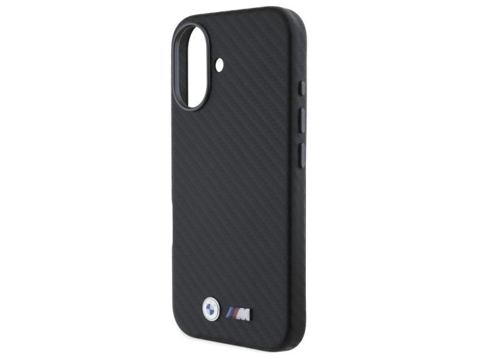 Capa para iPhone 16 em metal com acabamento em fibra de carbono da BMW - Preta