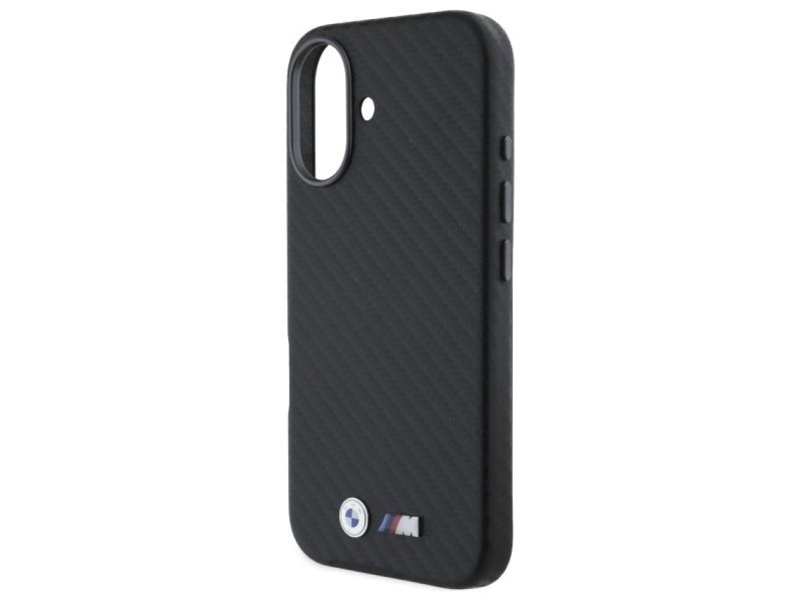Capa para iPhone 16 em metal com acabamento em fibra de carbono da BMW - Preta