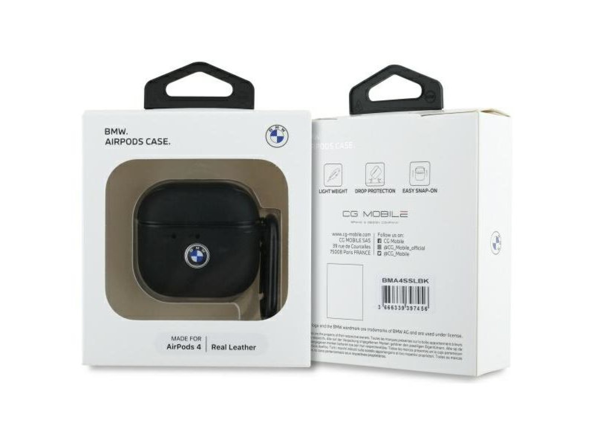 Capa para AirPods 4 BMW BMA4SSLBK, preta/preta, em couro genuíno com logotipo prateado.