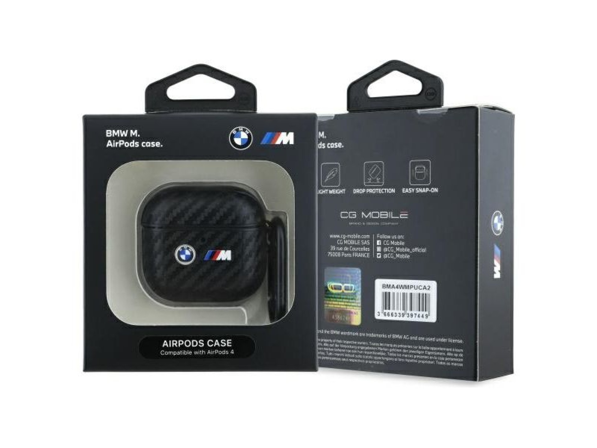 Capa BMW Carbon com logotipo duplo em metal para AirPods 4 - Preta
