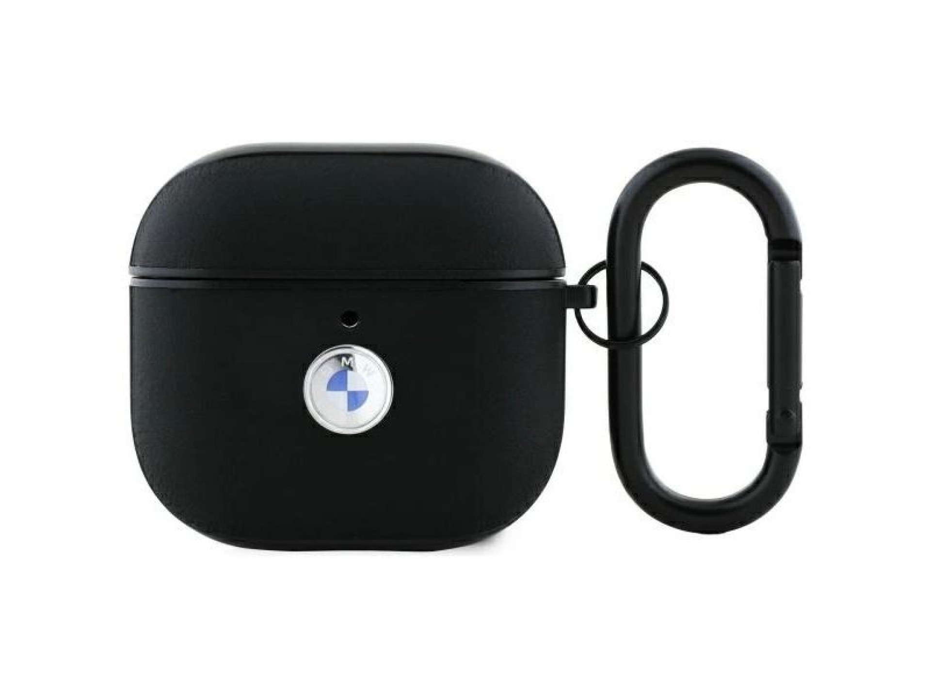 Capa para AirPods 4 BMW BMA4SSLBK, preta/preta, em couro genuíno com logotipo prateado.
