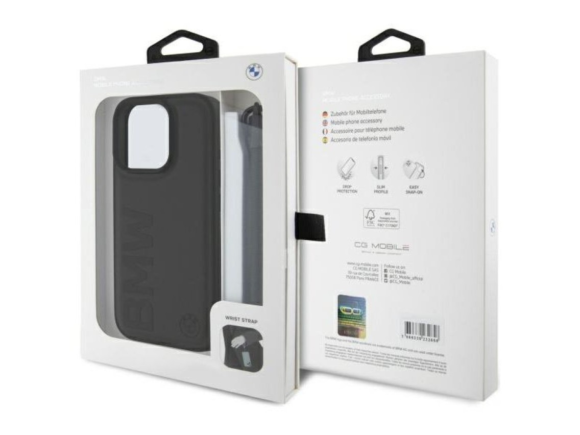 BMW Signature Leather Wordmark Cord Case for iPhone 16 Pro Max - Black