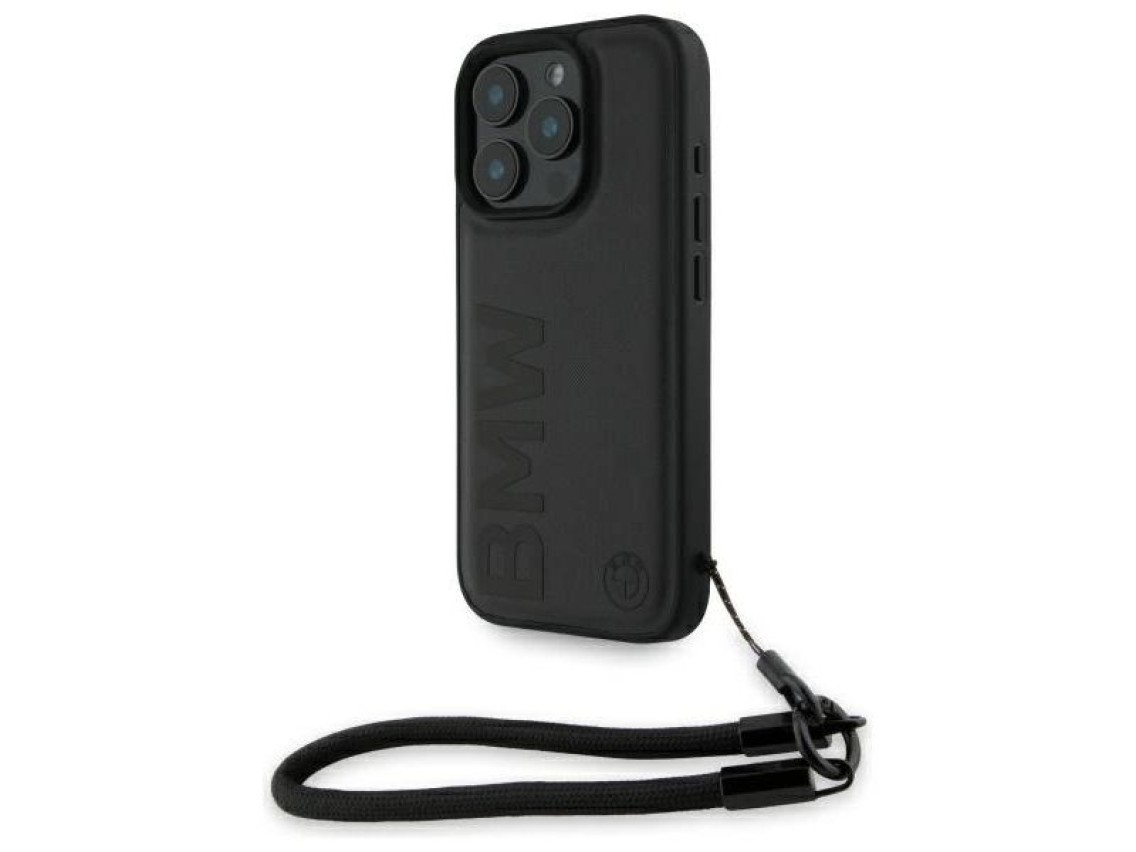 BMW Signature Leather Wordmark Cord Case for iPhone 16 Pro Max - Black