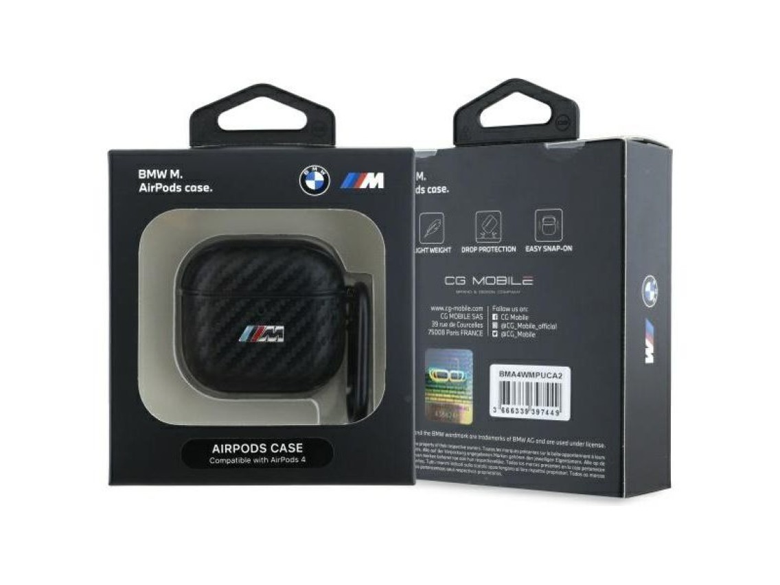 BMW BMA4CMPUCA Capa para AirPods 4 preta/preta em PU Carbono Coleção M