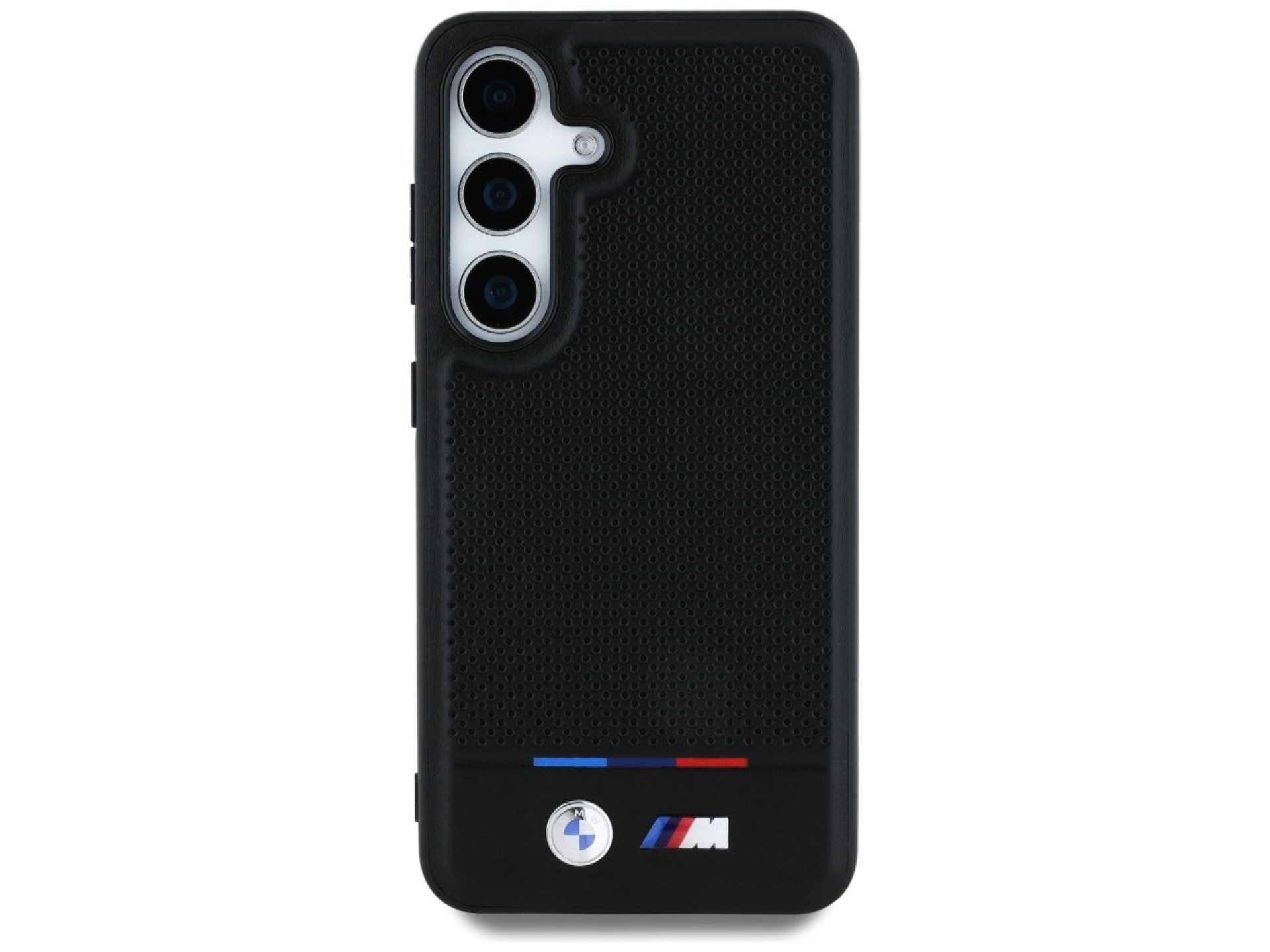 Capa MagSafe BMW em couro com listras tricolores para Samsung Galaxy S25+ - Preta