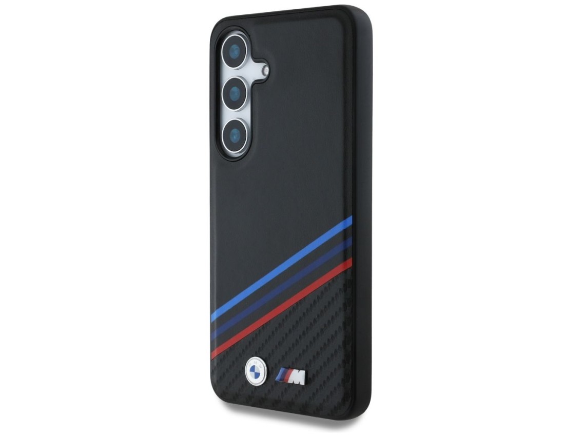 Capa MagSafe BMW em couro com listras tricolores para Samsung Galaxy S25 - Preta